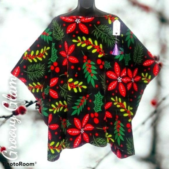 GROOVY GLAM Handmade Red Poinsettia on Black Plush Poncho